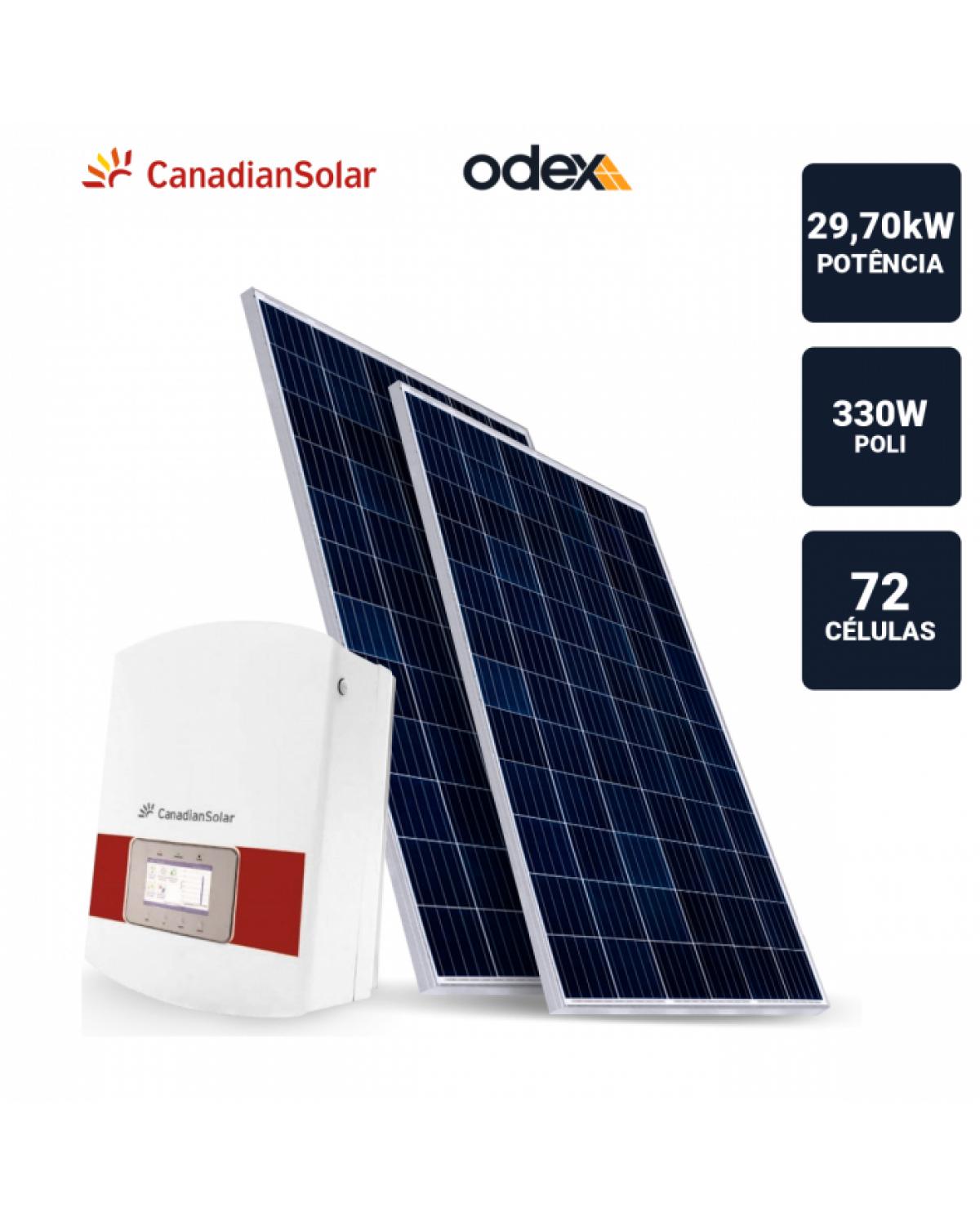 GERADOR SOLAR 29,7KWP INVERSOR CANADIAN SOLAR 25KWP 90 PAINEIS 330W ODEX SB TELHA FIBROCIMENTO METALICA