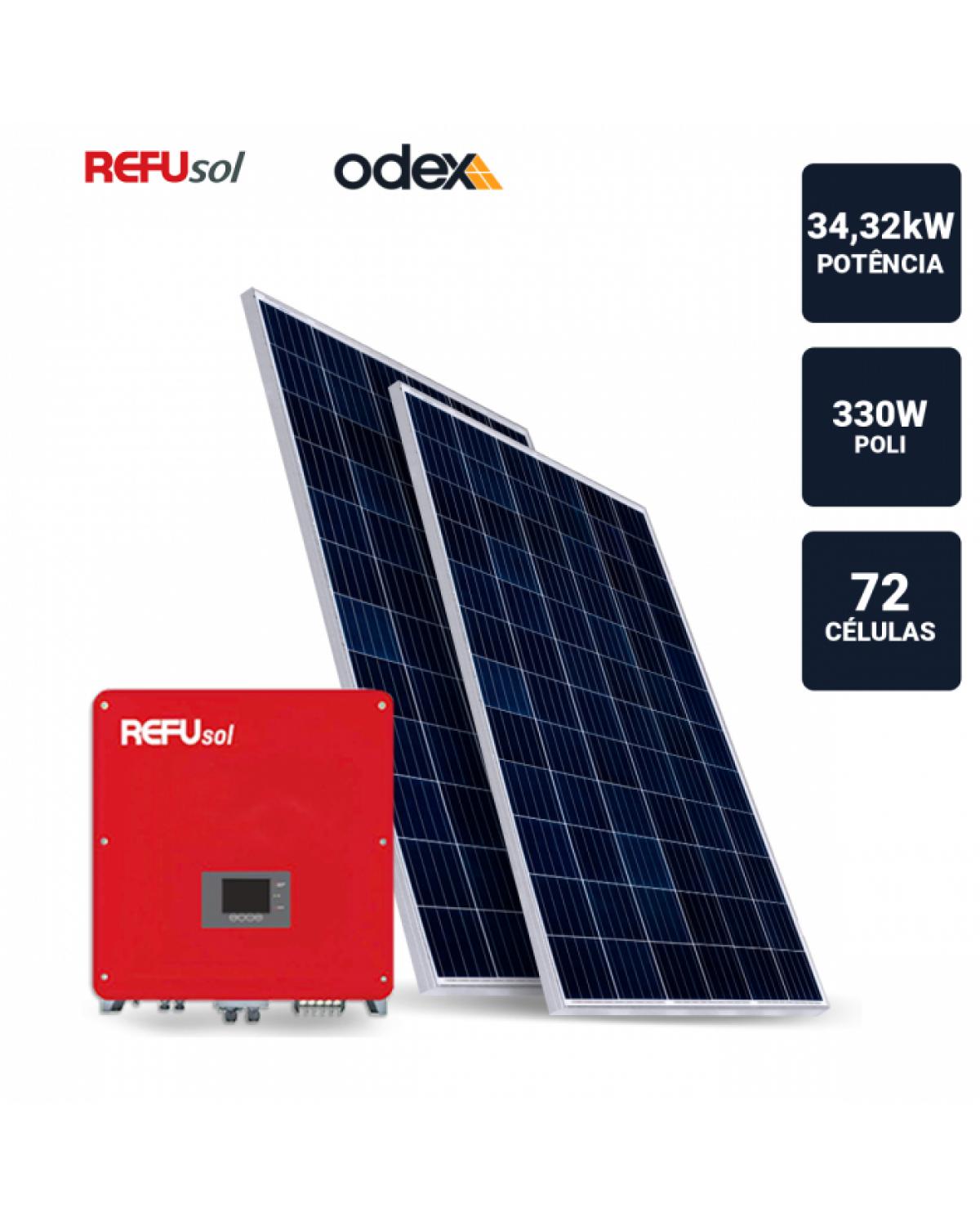 GERADOR SOLAR 34,32KWP INVERSOR REFUSOL 25KWP 104 PAINEIS 330W ODEX SB SEM ESTRUTURA