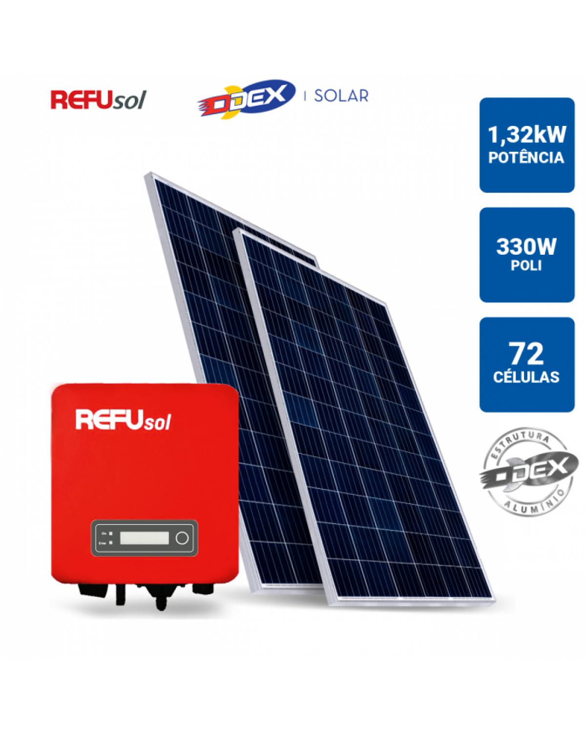 GERADOR SOLAR 1,32KWP INVERSOR REFUSOL 3,3KWP 4 PAINEIS 330W ODEX TELHA METALICA/TELHA TRAPEZOIDAL